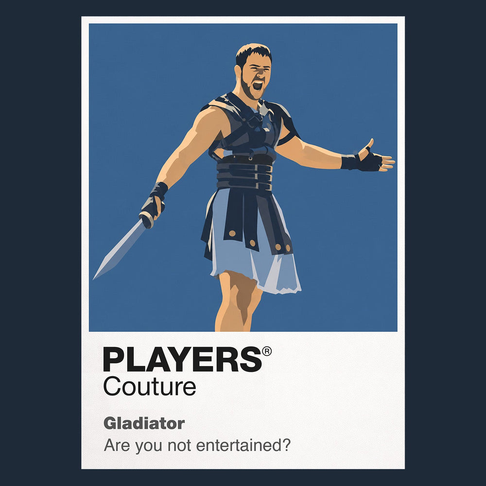 Gladiator Maximus in Roman armour standing alone on the sand of the Colosseum Icon Frame artwork in navy