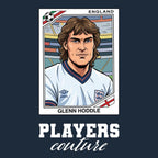 Glenn Hoddle World Cup Sticker Men's T-Shirt – navy close-up detail shot of the Glenn Hoddle World Cup Players Couture logo