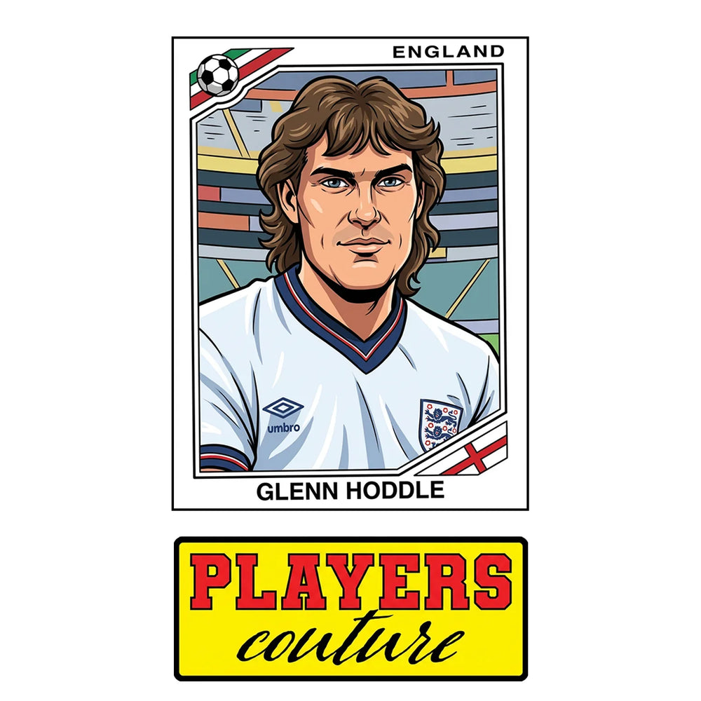 Glenn Hoddle World Cup Sticker Men's T-Shirt – close-up detail shot of the Glenn Hoddle World Cup Players Couture logo design