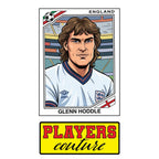 Glenn Hoddle World Cup Sticker Men's T-Shirt – close-up detail shot of the Glenn Hoddle World Cup Players Couture logo design