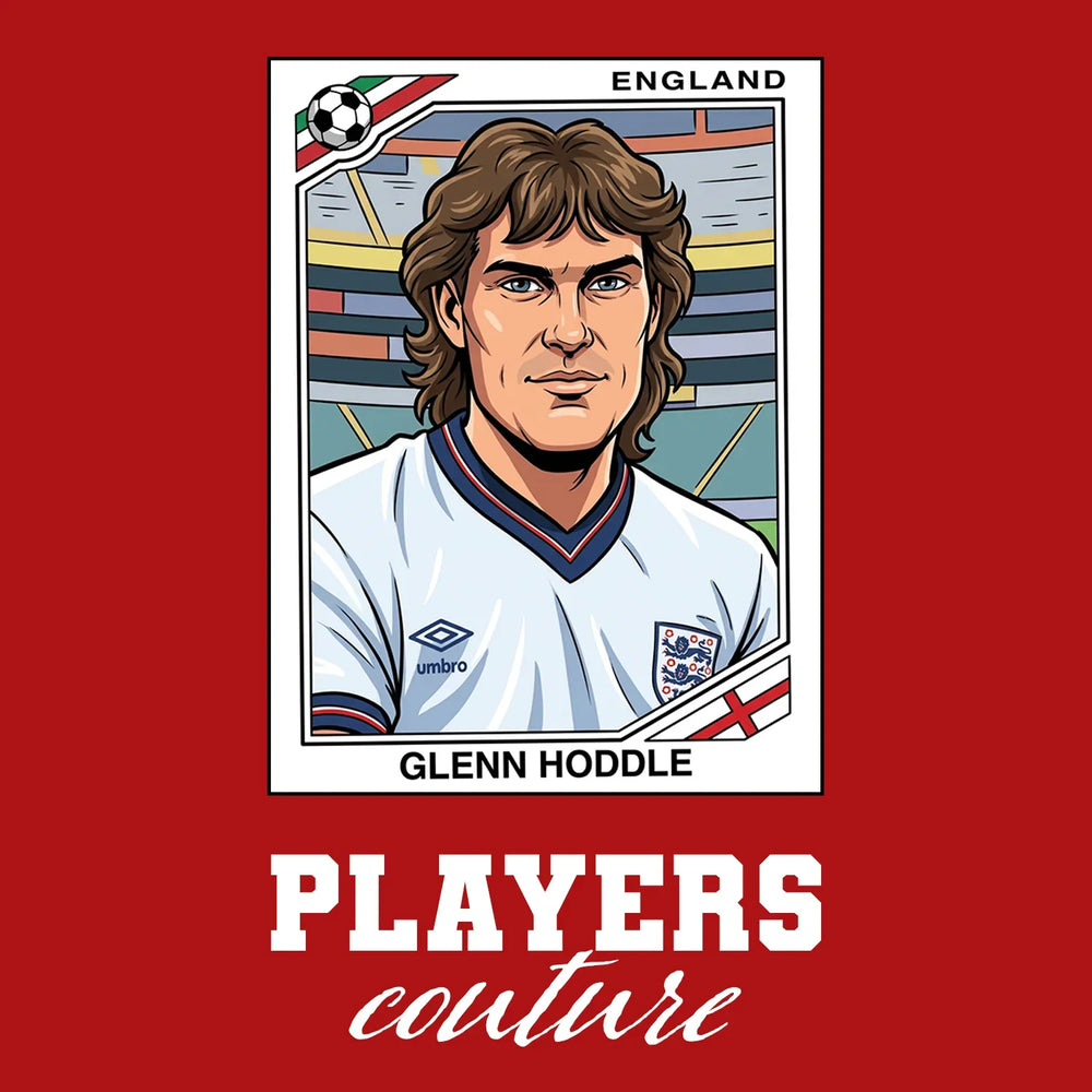 Glenn Hoddle World Cup Sticker Men's T-Shirt – red close-up detail shot of the Glenn Hoddle World Cup Players Couture logo