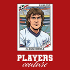 Glenn Hoddle World Cup Sticker Men's T-Shirt – red close-up detail shot of the Glenn Hoddle World Cup Players Couture logo