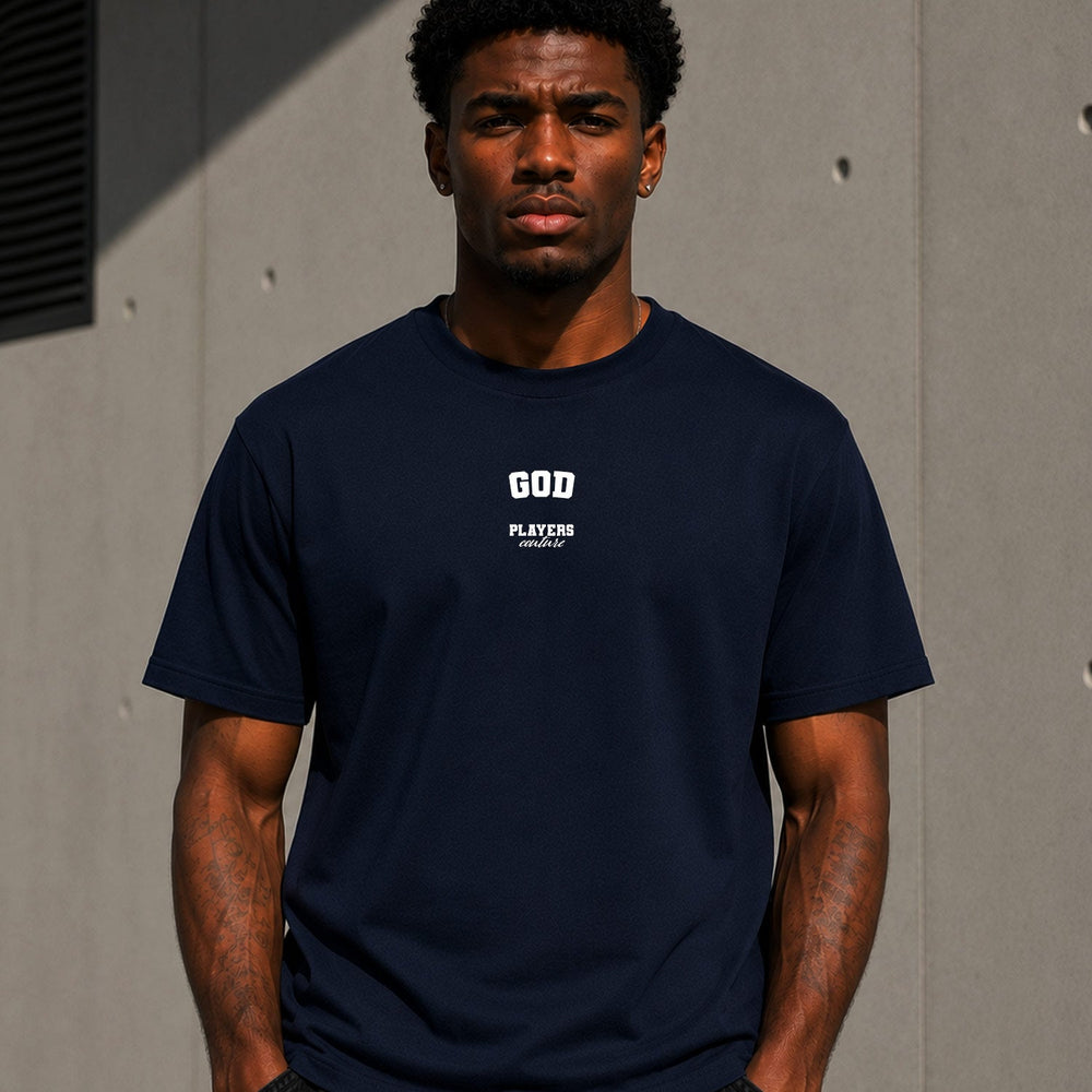 God navy men's T-shirt lifestyle photograph 18
