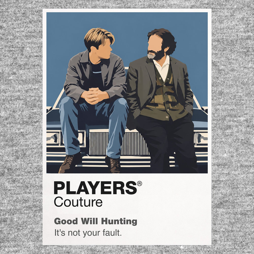 Good Will Hunting Will and Sean seated in honest conversation against the autumn colours of Boston Icon Frame artwork in grey