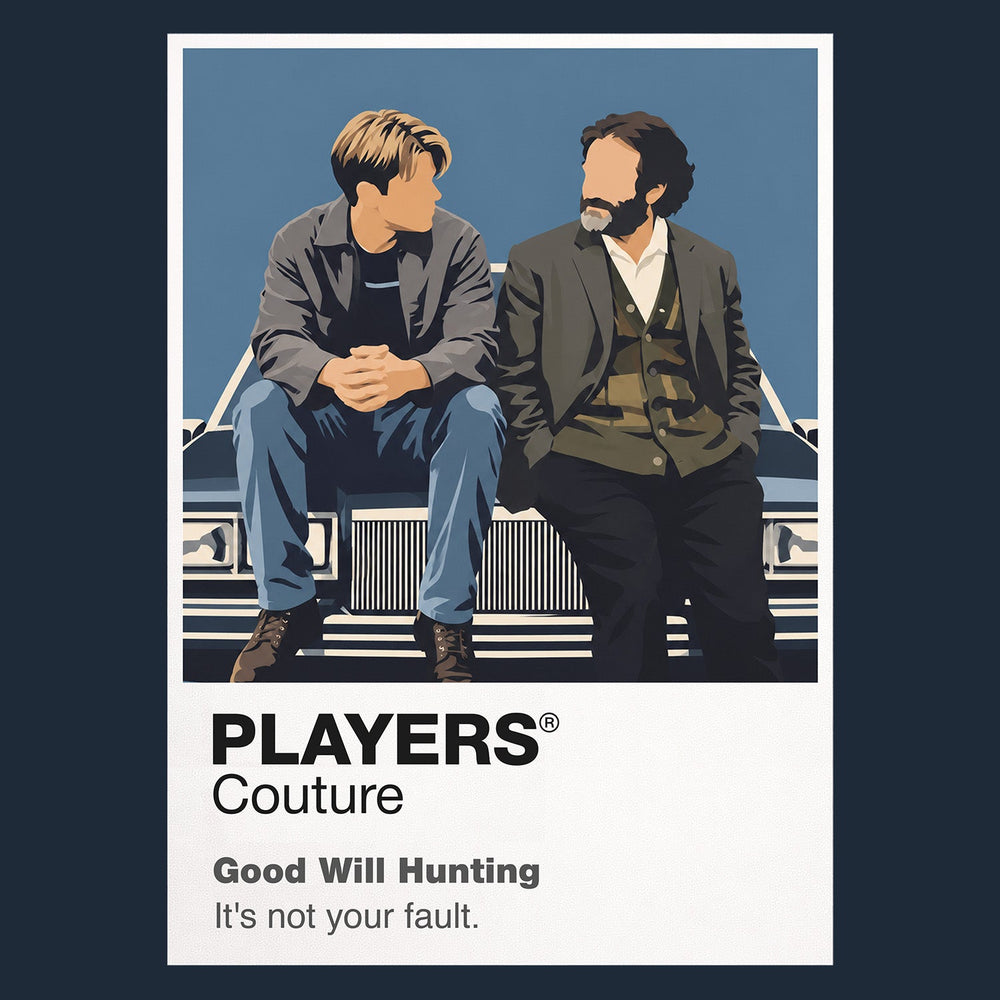 Good Will Hunting Will and Sean seated in honest conversation against the autumn colours of Boston Icon Frame artwork in navy