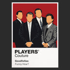 Goodfellas Henry Hill, Jimmy Conway and Tommy DeVito in tailored suits against nightclub red Icon Frame artwork in black