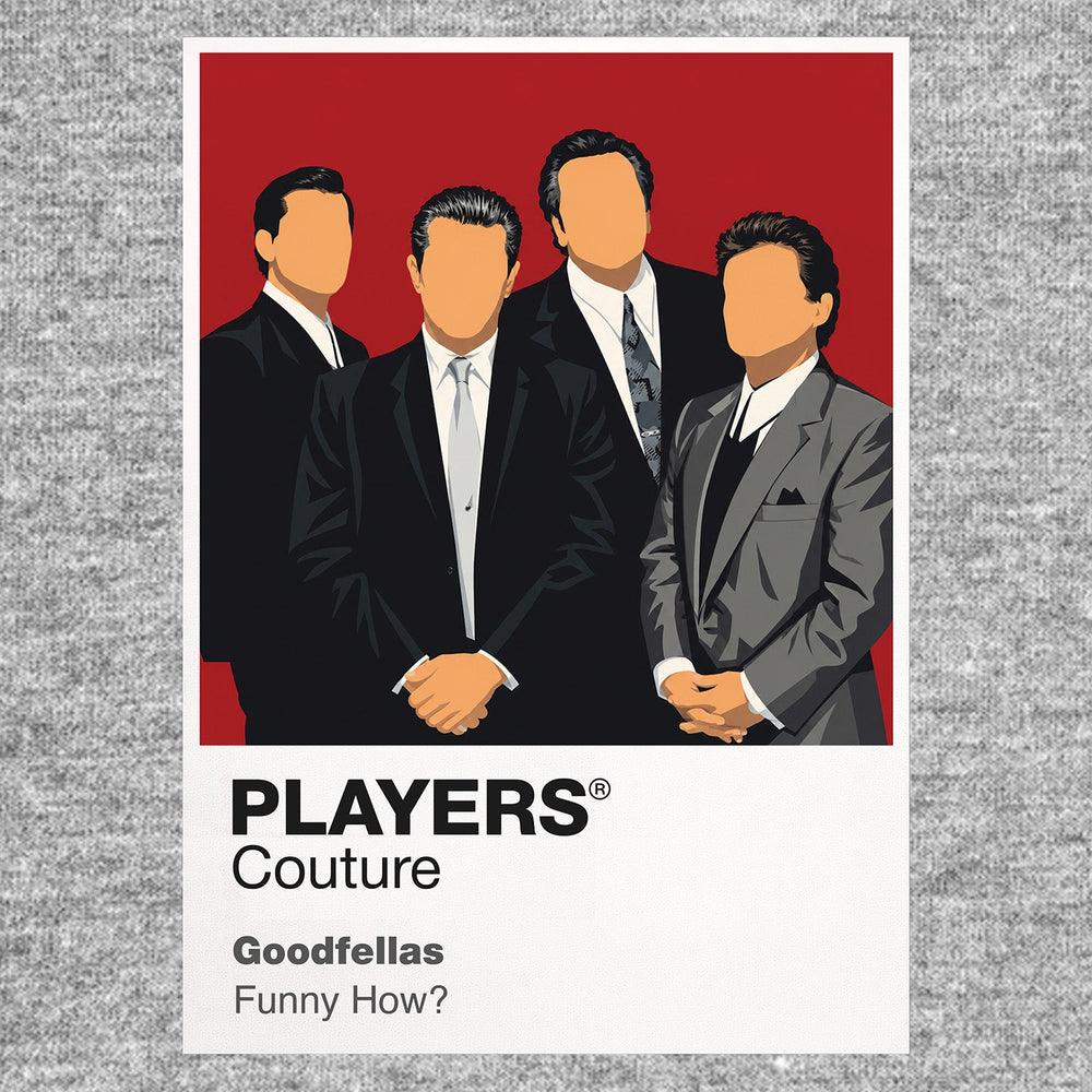 Goodfellas Henry Hill, Jimmy Conway and Tommy DeVito in tailored suits against nightclub red Icon Frame artwork in grey