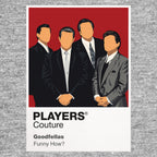 Goodfellas Henry Hill, Jimmy Conway and Tommy DeVito in tailored suits against nightclub red Icon Frame artwork in grey