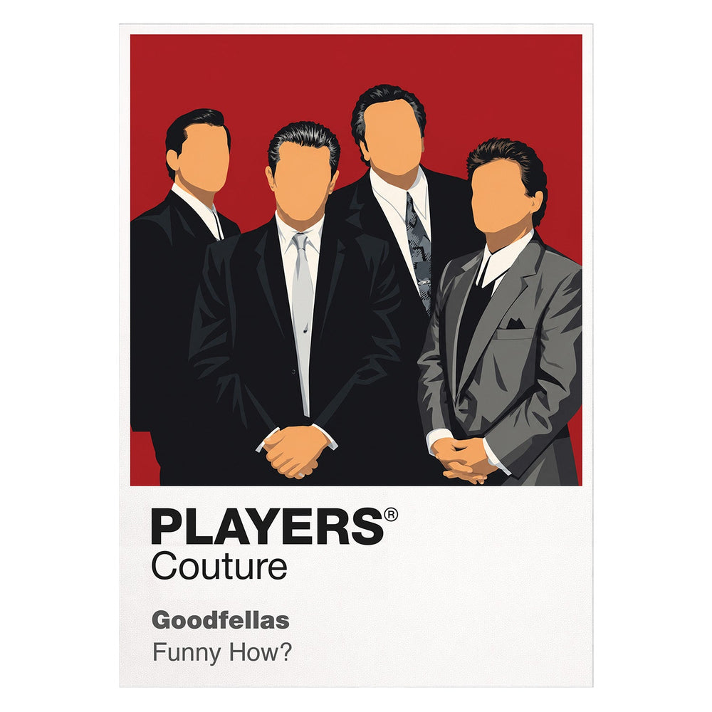 Goodfellas Henry Hill, Jimmy Conway and Tommy DeVito in tailored suits against nightclub red Icon Frame artwork on white