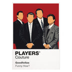 Goodfellas Henry Hill, Jimmy Conway and Tommy DeVito in tailored suits against nightclub red Icon Frame artwork on white