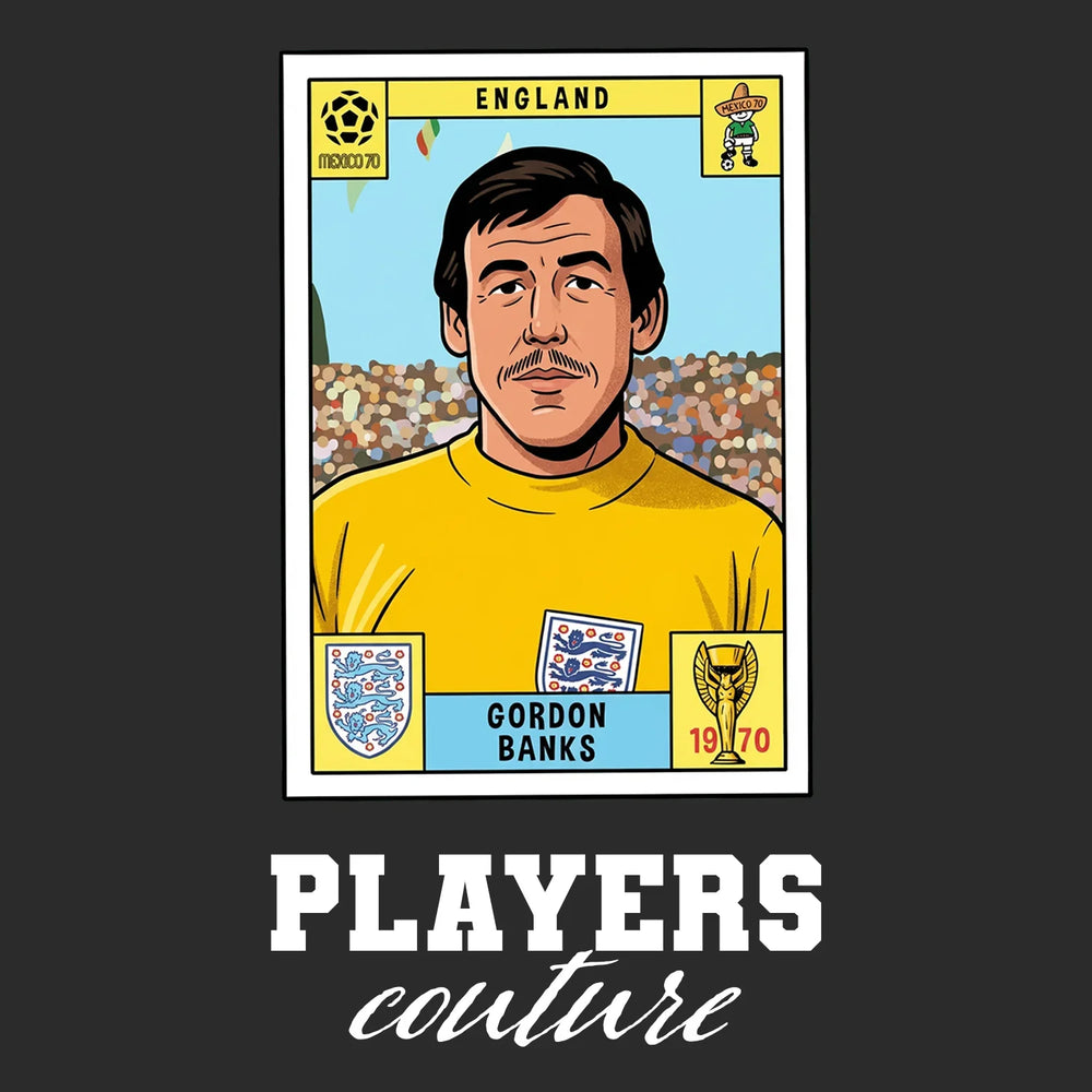 Gordon Banks World Cup Sticker Men's T-Shirt – black close-up detail shot of the Gordon Banks World Cup Players Couture logo