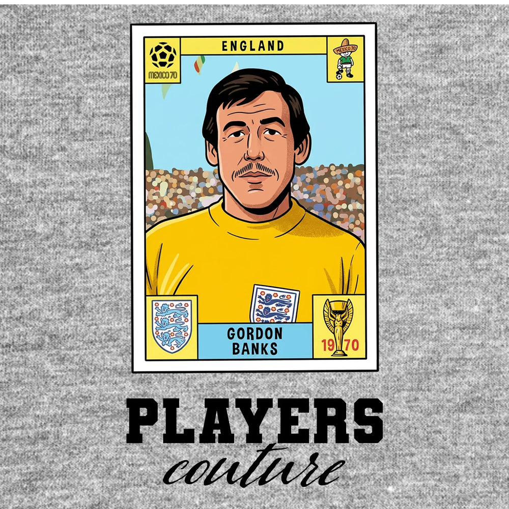 Gordon Banks World Cup Sticker Men's T-Shirt – grey close-up detail shot of the Gordon Banks World Cup Players Couture logo