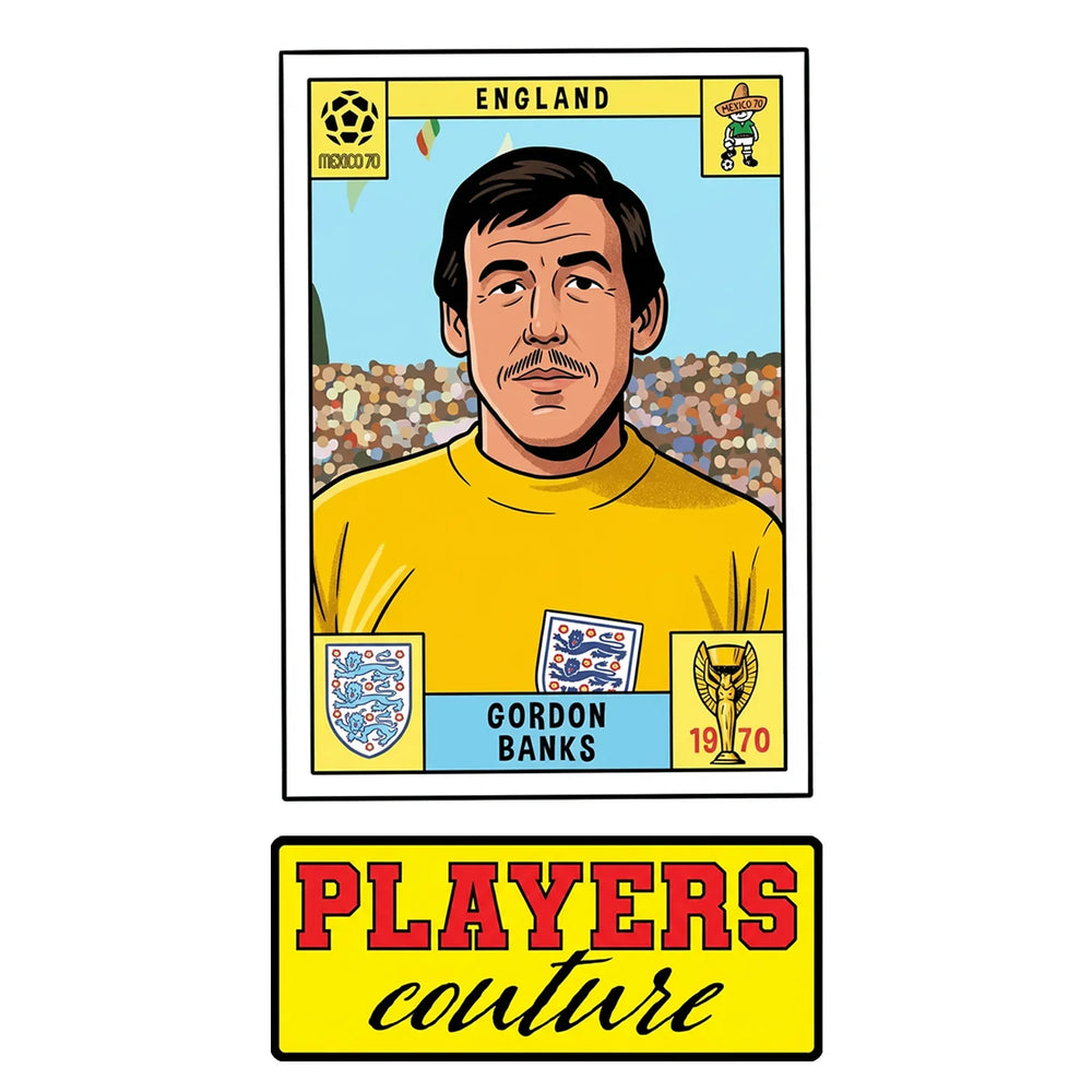 Gordon Banks World Cup Sticker Men's T-Shirt – close-up detail shot of the Gordon Banks World Cup Players Couture logo design