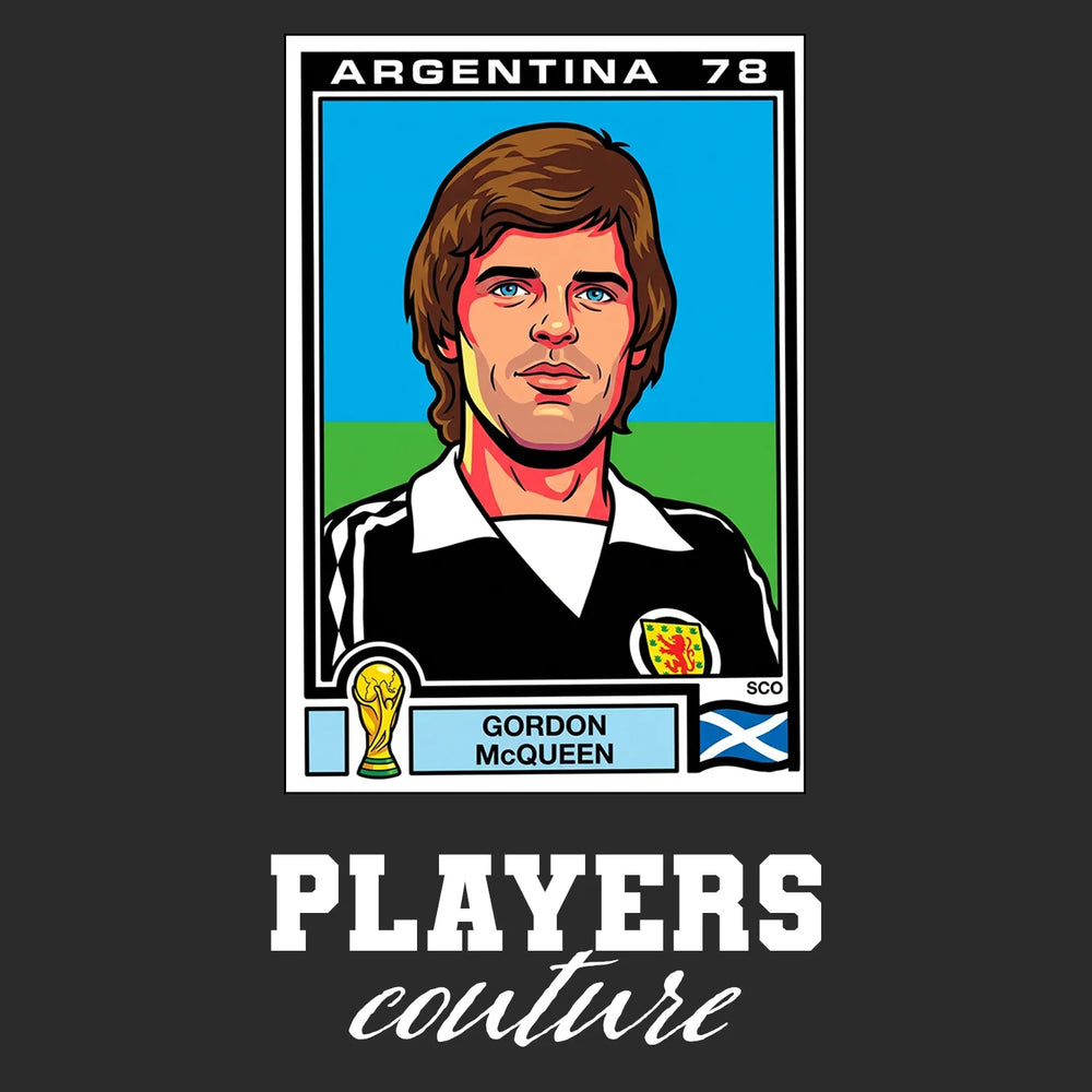 Gordon McQueen World Cup Sticker Men's T-Shirt – black close-up detail shot of the Gordon McQueen World Cup Players Couture