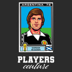 Gordon McQueen World Cup Sticker Men's T-Shirt – black close-up detail shot of the Gordon McQueen World Cup Players Couture