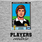 Gordon McQueen World Cup Sticker Men's T-Shirt – grey close-up detail shot of the Gordon McQueen World Cup Players Couture
