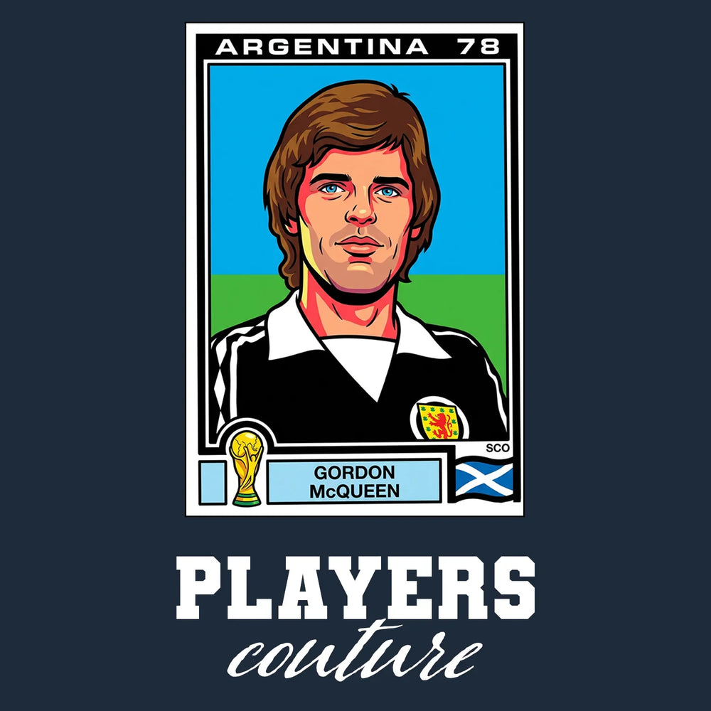 Gordon McQueen World Cup Sticker Men's T-Shirt – navy close-up detail shot of the Gordon McQueen World Cup Players Couture