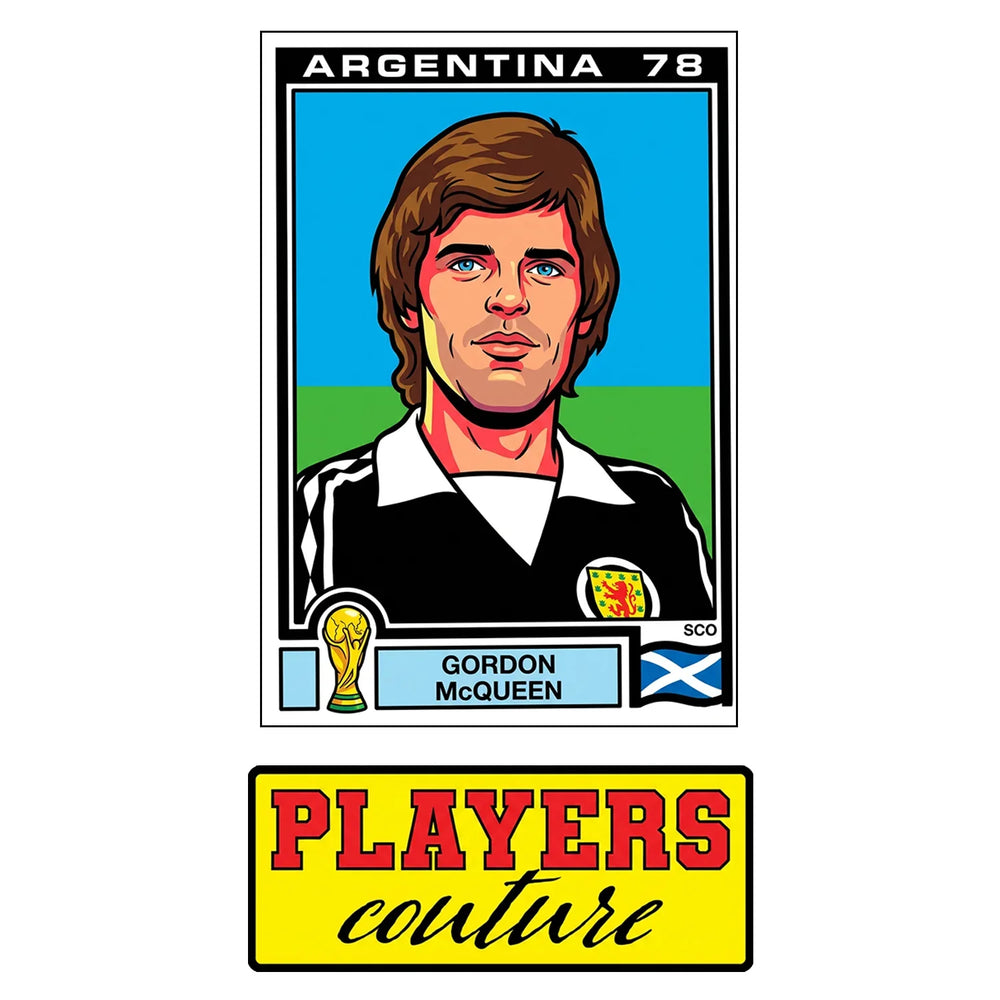 Gordon McQueen World Cup Sticker Men's T-Shirt – close-up detail shot of the Gordon McQueen World Cup Players Couture logo