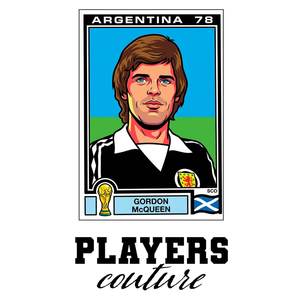 Gordon McQueen World Cup Sticker Men's T-Shirt – white close-up detail shot of the Gordon McQueen Players Couture logo design