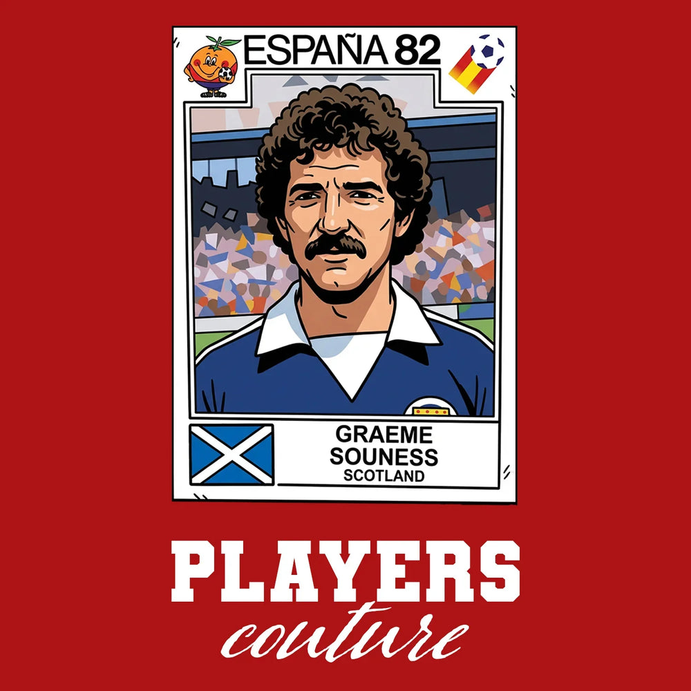 Graeme Souness World Cup Sticker Men's T-Shirt – red close-up detail shot of the Graeme Souness World Cup Players Couture