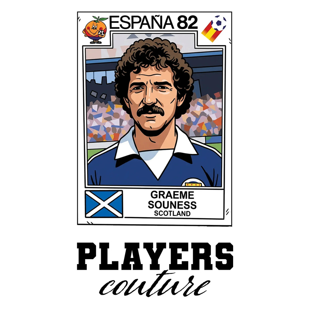 Graeme Souness World Cup Sticker Men's T-Shirt – white close-up detail shot of the Graeme Souness Players Couture logo design