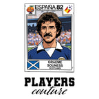 Graeme Souness World Cup Sticker Men's T-Shirt – white close-up detail shot of the Graeme Souness Players Couture logo design