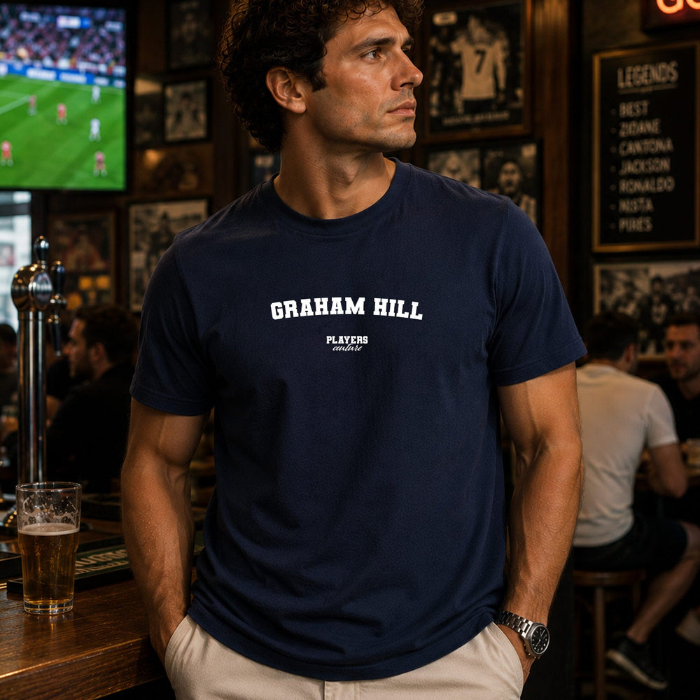 Graham Hill Men's T-Shirt — lifestyle photo, Navy t-shirt