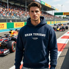 Gran Turismo hoodie – navy men's hoodie with white Gran Turismo letters and Players Couture logo on the chest