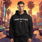 Grand Theft Auto hoodie – red men's hoodie with white Grand Theft Auto letters and Players Couture logo on the chest