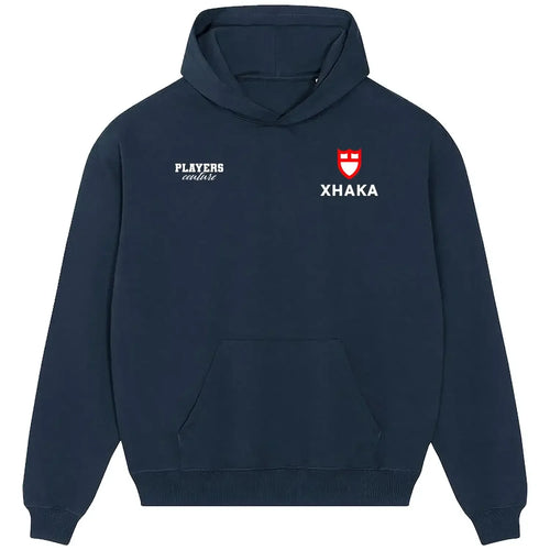 Granit Xhaka Logo Men's Hoodie – navy close-up detail shot of the Granit Xhaka Players Couture logo design