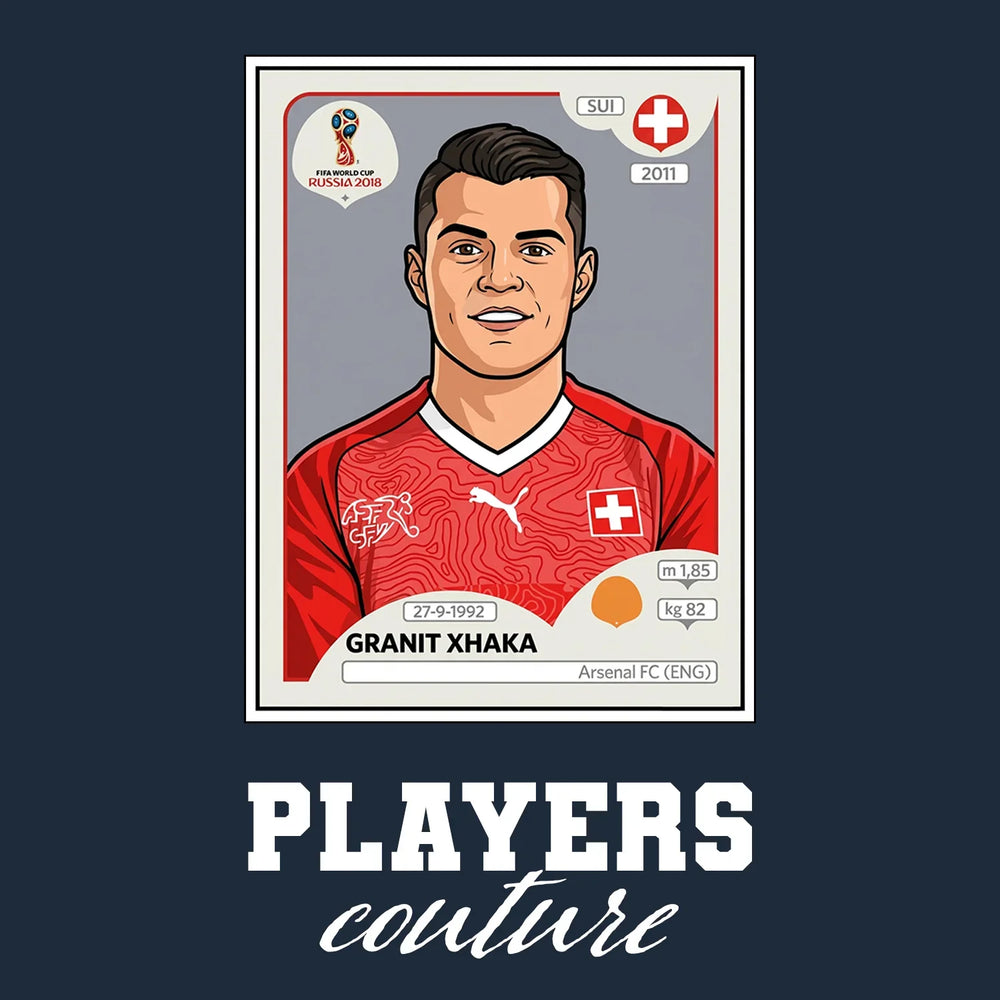Granit Xhaka World Cup Sticker Men's T-Shirt – navy close-up detail shot of the Granit Xhaka World Cup Players Couture logo
