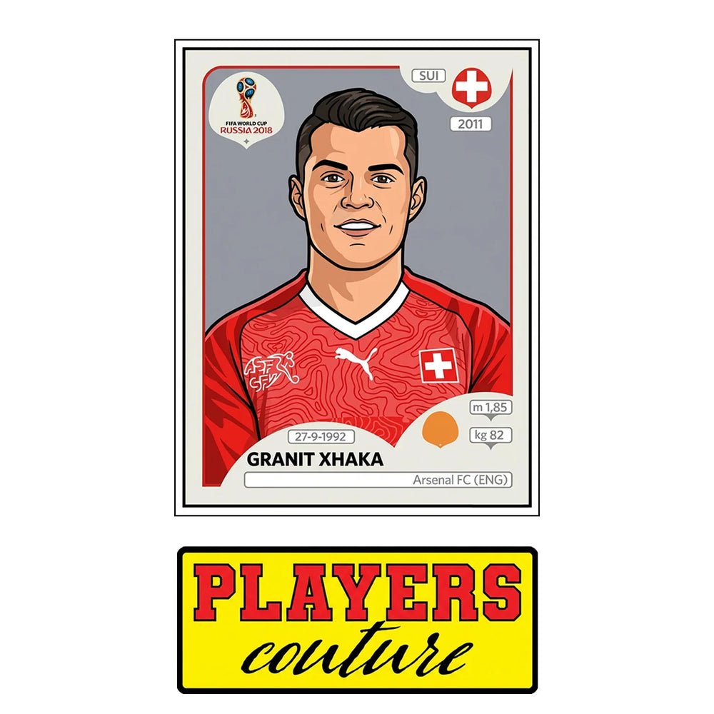 Granit Xhaka World Cup Sticker Men's T-Shirt – close-up detail shot of the Granit Xhaka World Cup Players Couture logo design