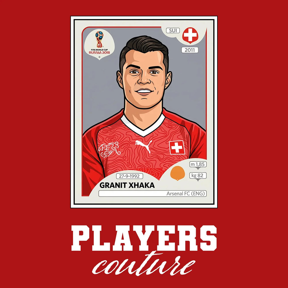 Granit Xhaka World Cup Sticker Men's T-Shirt – red close-up detail shot of the Granit Xhaka World Cup Players Couture logo