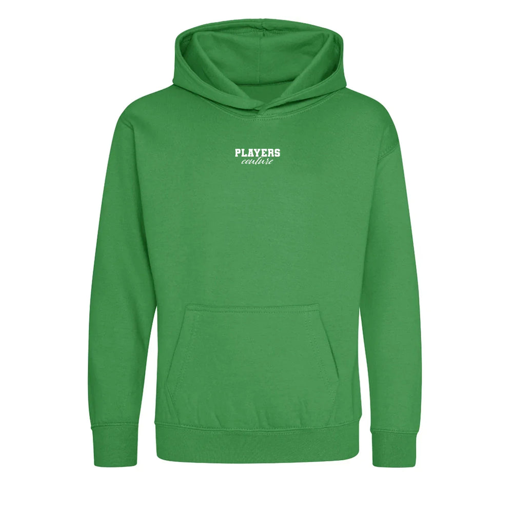 Essentials Collection hoodie – green kids' hoodie with white Essentials Collection letters and Players Couture logo on the