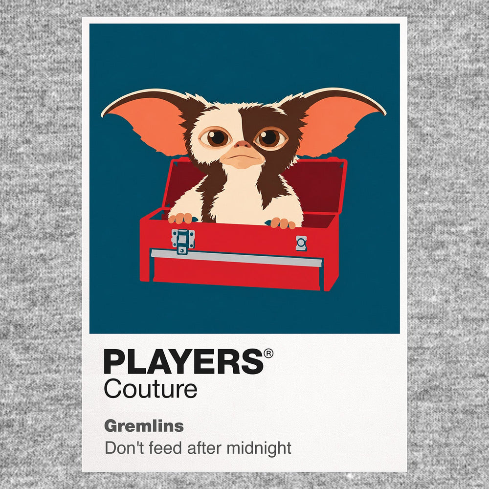 Gremlins Gizmo beside the mischievous Gremlins under Christmas lights in Kingston Falls Icon Frame artwork in grey