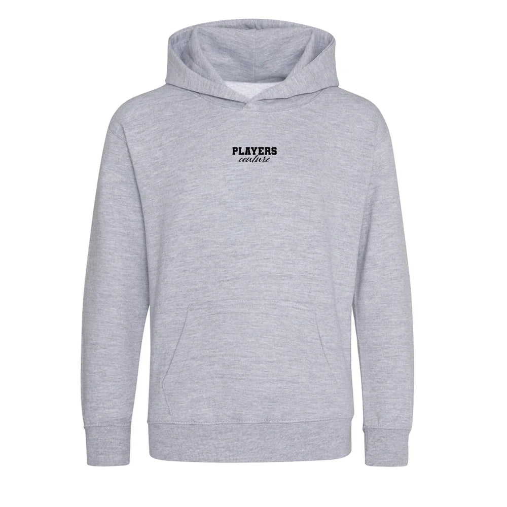 Essentials Collection hoodie – grey kids' hoodie with black Essentials Collection letters and Players Couture logo on the
