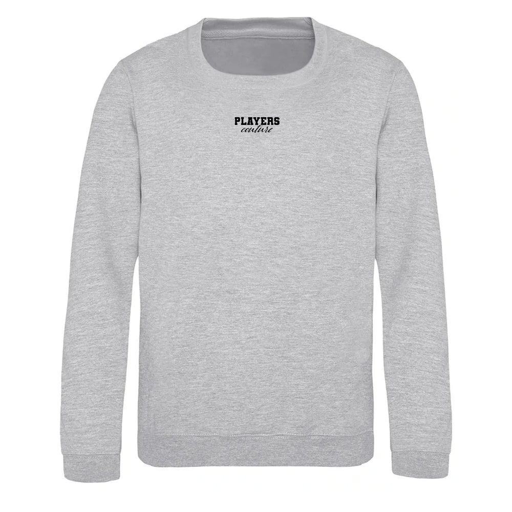 Essentials Collection hoodie – grey kids' hoodie with black Essentials Collection letters and Players Couture logo on the