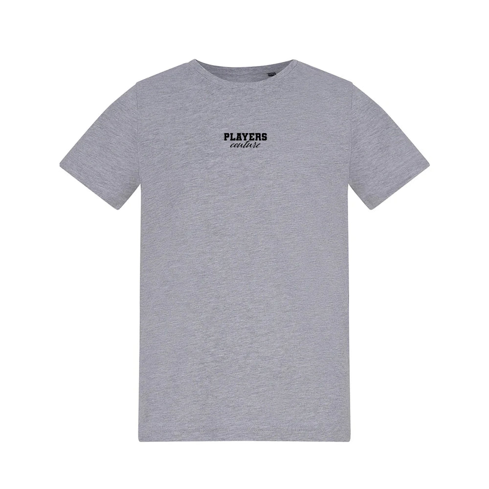 Essentials Collection t-shirt – grey kids' t-shirt with black Essentials Collection letters and Players Couture logo on the