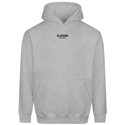 Essentials Collection hoodie – grey men's hoodie with black Essentials Collection letters and Players Couture logo on the