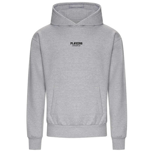 Essentials Collection hoodie – grey men's hoodie with black Essentials Collection letters and Players Couture logo on the