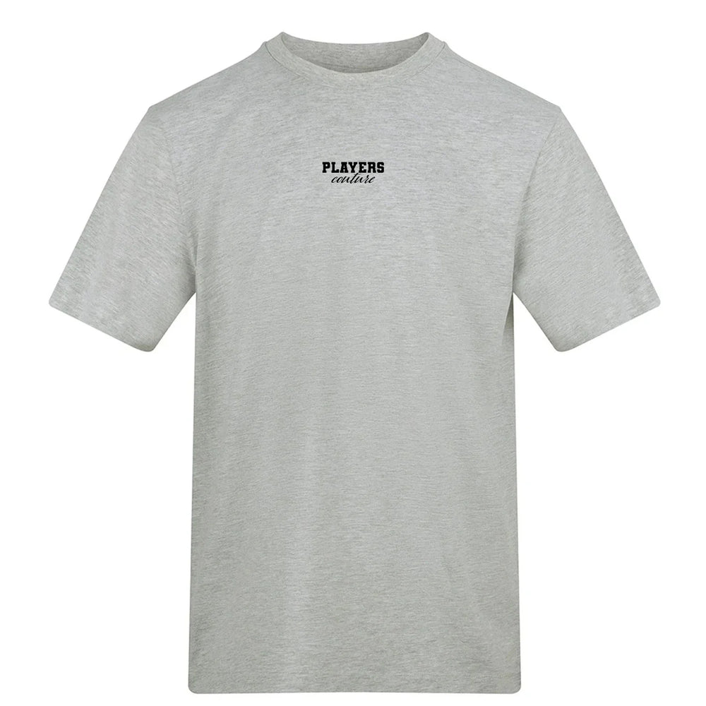 Essentials Collection t-shirt – grey men's t-shirt with black Essentials Collection letters and Players Couture logo on the