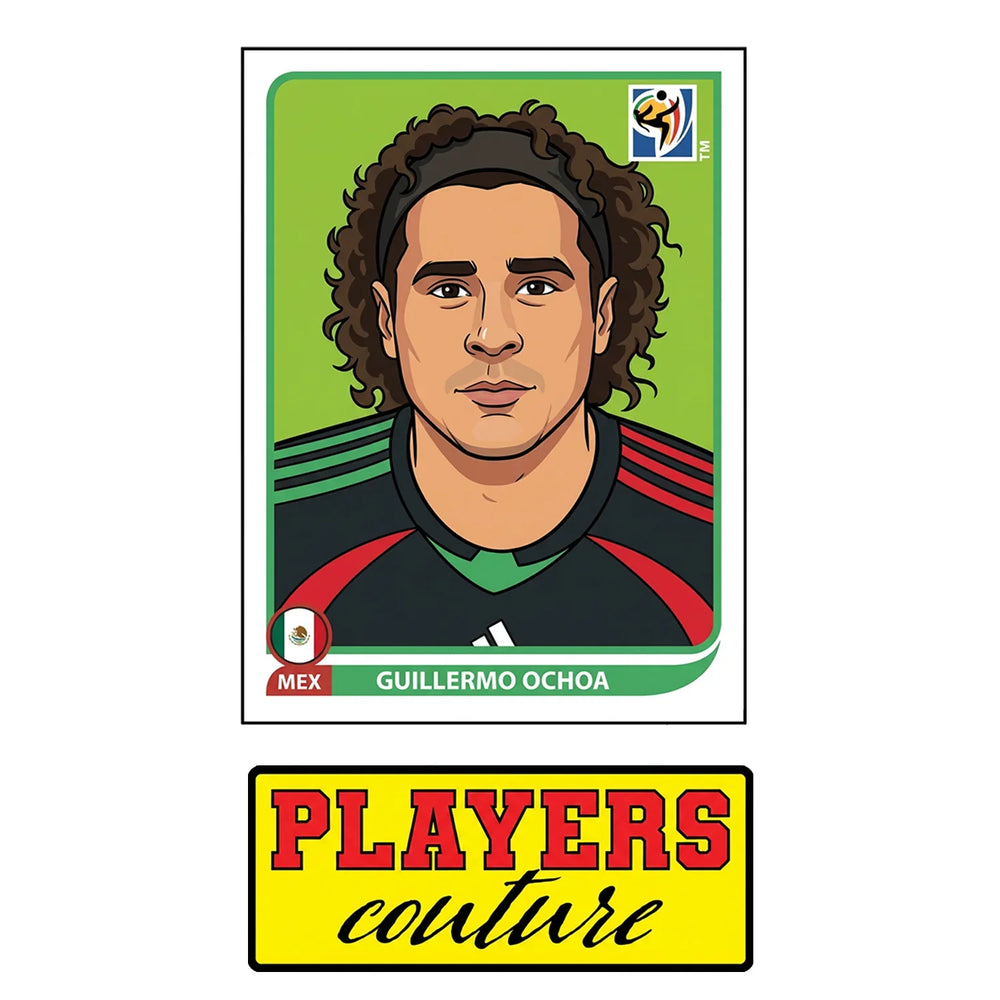 Guillermo Ochoa World Cup Sticker Men's T-Shirt – close-up detail shot of the Guillermo Ochoa World Cup Players Couture logo