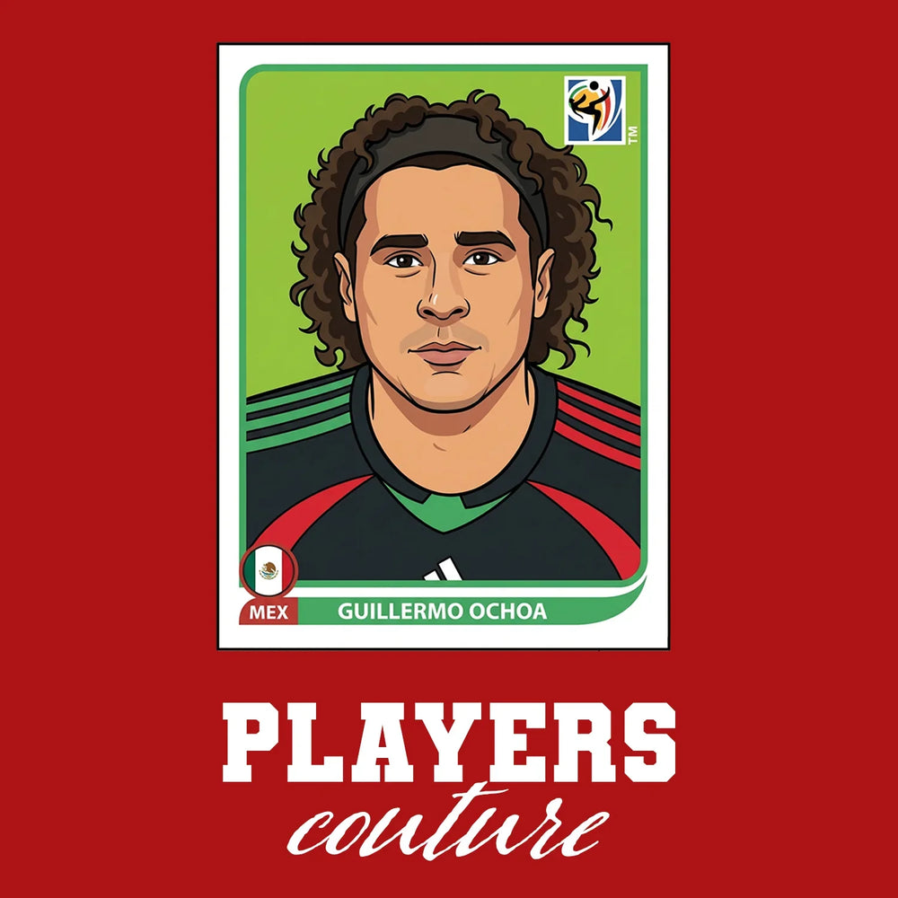 Guillermo Ochoa World Cup Sticker Men's T-Shirt – red close-up detail shot of the Guillermo Ochoa World Cup Players Couture