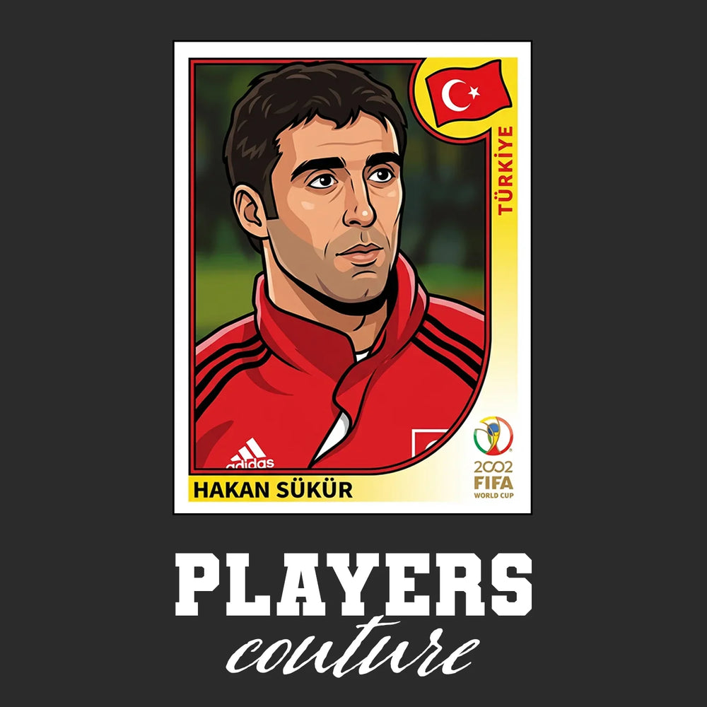 Hakan Sukur World Cup Sticker Men's T-Shirt – black close-up detail shot of the Hakan Sukur World Cup Players Couture logo