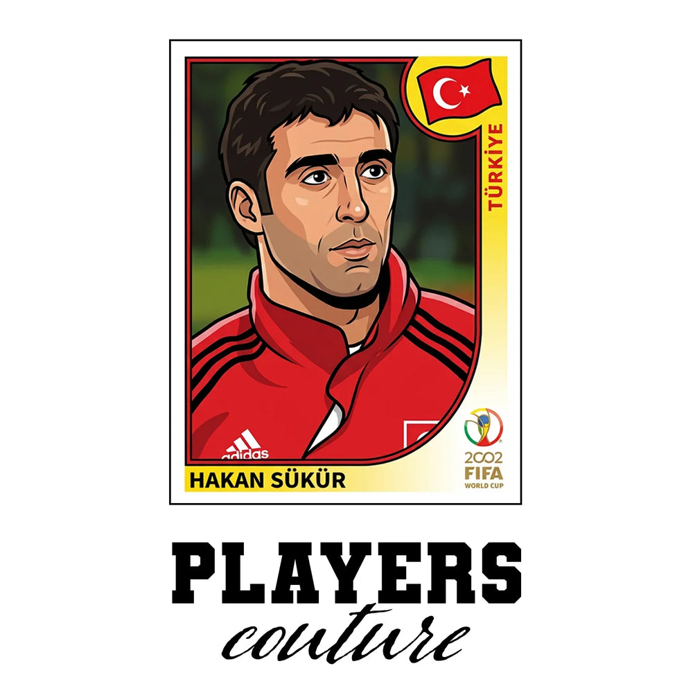 Hakan Sukur World Cup Sticker Men's T-Shirt – white close-up detail shot of the Hakan Sukur Players Couture logo design