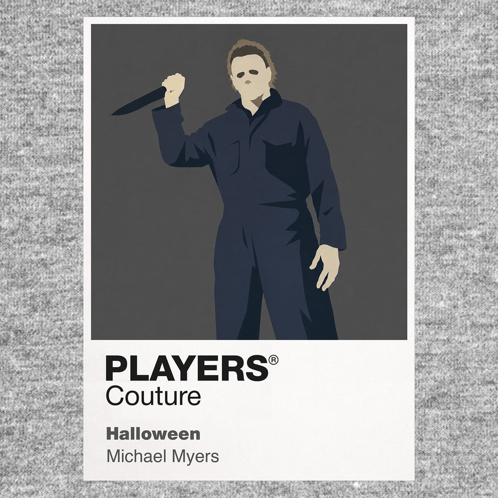 Michael Myers Michael Myers' blank white mask and boiler suit beneath the autumn trees of Haddonfield Icon Frame artwork in grey