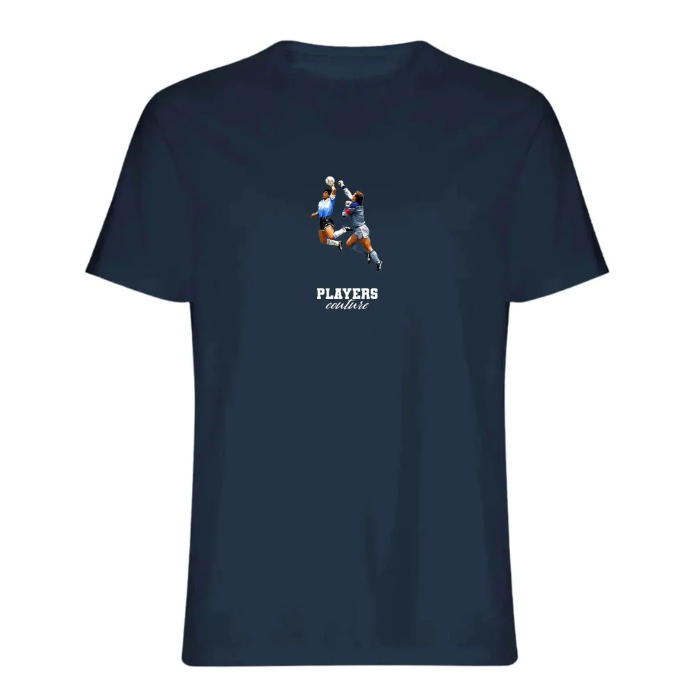 Maradona Hand of God Icon t-shirt – navy men's t-shirt with white Maradona Hand of God Icon letters and Players Couture logo