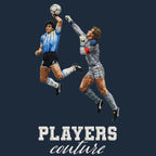 Maradona Hand of God Badge Men's T-Shirt – navy close-up detail shot of the Maradona Hand of God Players Couture logo design