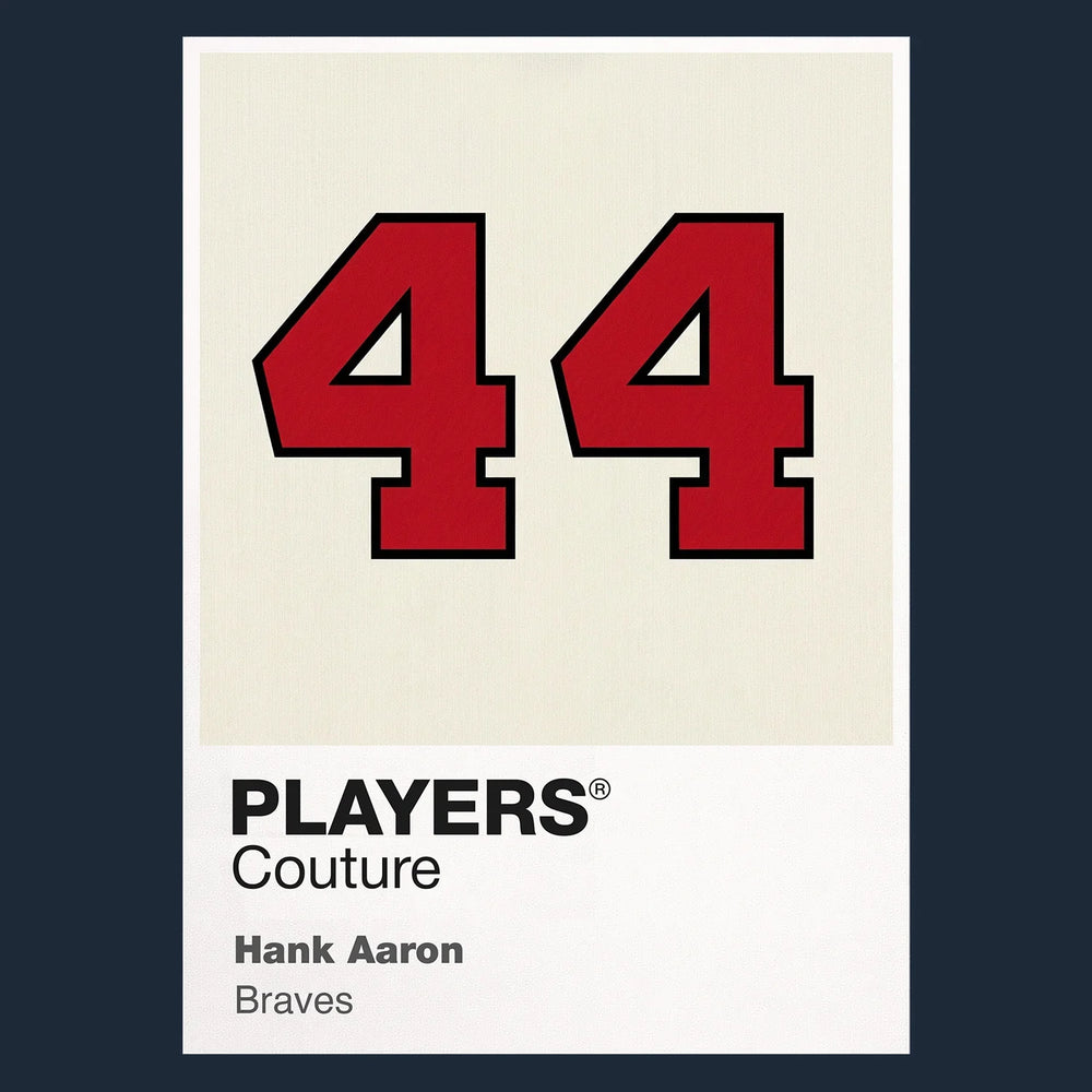 Hank Aaron 44 Jersey Frame Men's T-Shirt – navy close-up detail shot of the Hank Aaron 44 Players Couture logo design