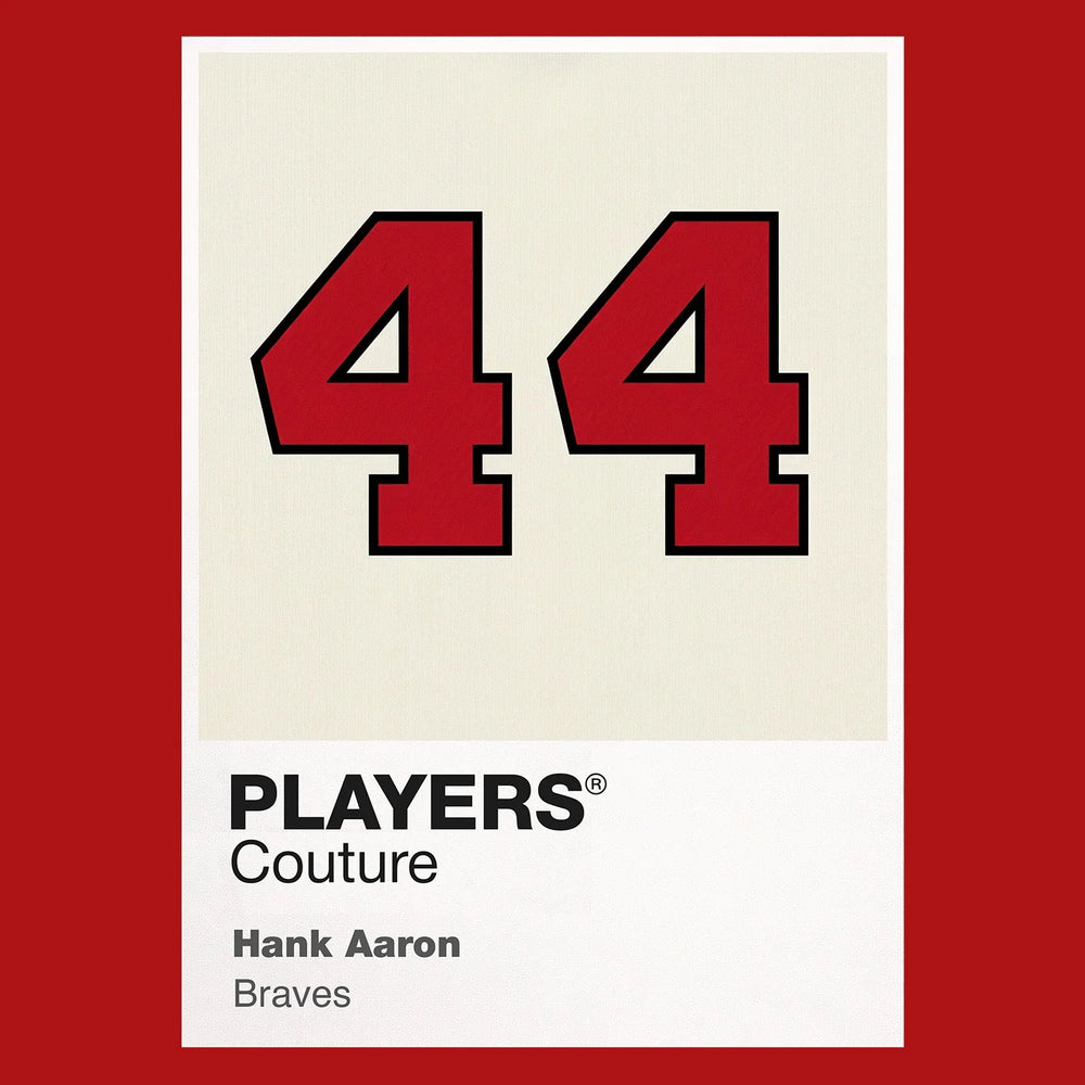 Hank Aaron 44 Jersey Frame Men's T-Shirt – red close-up detail shot of the Hank Aaron 44 Players Couture logo design